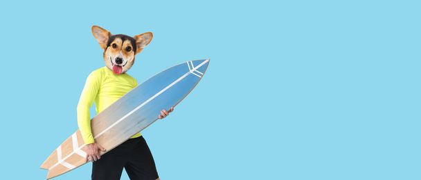Cute dog with human body and surfboard on blue background with space for text - Photo, Image