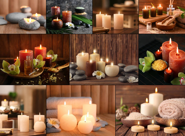 Krásná lázeňská koláž s hořícími svíčkami, mořskou solí a masážními kameny - Fotografie, Obrázek