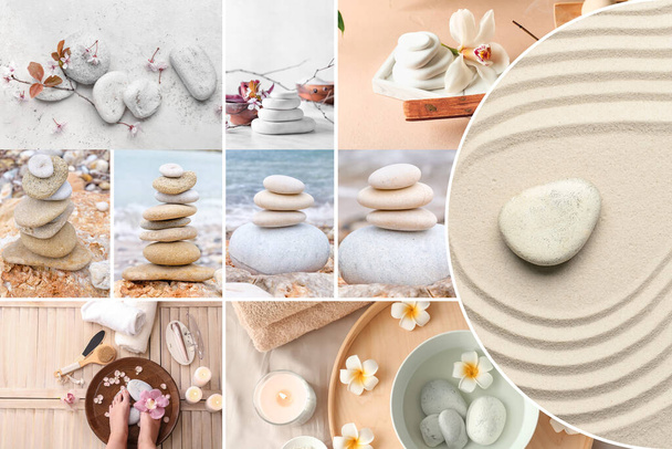 Prachtige spa collage met massage stenen en bloemen  - Foto, afbeelding