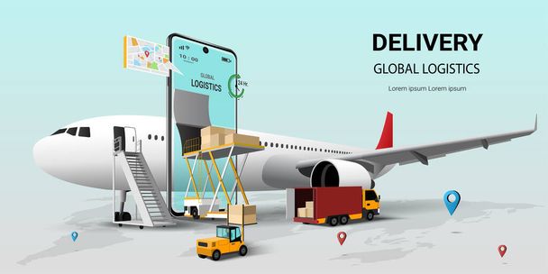 モバイル、グローバル物流、輸送上のオンライン配信サービス。航空貨物輸送。オンライン注文。飛行機、倉庫、小包箱。ウェブサイトやバナーのためのウェブページデザインの概念。3Dパースペクティブベクトルイラスト - ベクター画像