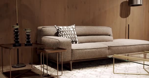 Modern gri ve bej kumaş kanepe. Yastıklı tekstil döşeme kanepesi. Modern apartman güzel bej kanepe modern oturma odasında lamba, halı, masa. Ahşap duvarlı İskandinav iç mimarisi - Video, Çekim