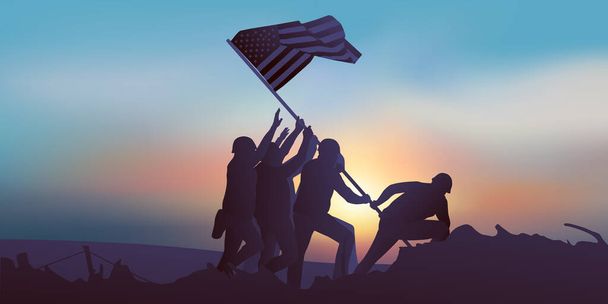 Концепция исторической победы во Второй мировой войне: солдаты поднимают американский флаг на острове Иводзима. - Вектор,изображение