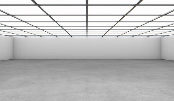 Weißer offener Raum, leere Halle mit schwarzer Wand, Betonboden und Licht darüber. 3D-Rendering-Mockup. - Foto, Bild
