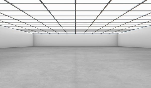 Valkoinen avoin tila tyhjä sali musta seinä, betonilattia ja valo päällä. 3D-mallinnus. - Valokuva, kuva