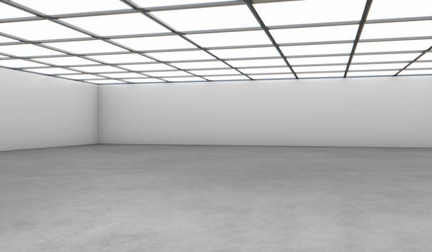 Valkoinen avoin tila tyhjä sali musta seinä, betonilattia ja valo päällä. 3D-mallinnus. - Valokuva, kuva