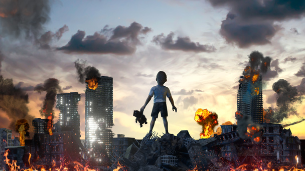 poika lapsi joukossa rauniot kaupungin tuhoutui sodassa symbolina uhrien sodan 3d tehdä - Valokuva, kuva