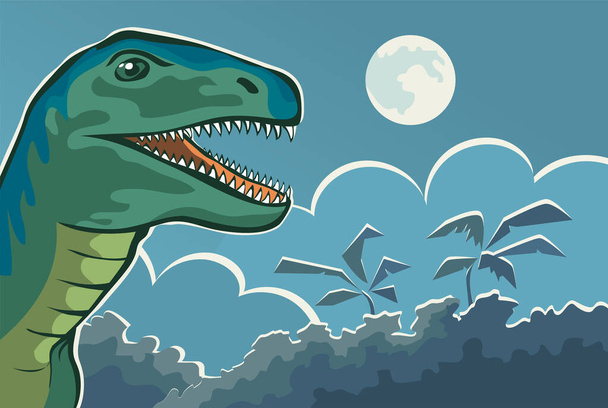 Starověký ještěrčí velociraptor v nočním lese. Predátorský dinosaurus z Jurského období. Prehistorické pozadí přírody. Vektorové kreslené kreslené kreslené ilustrace - Vektor, obrázek