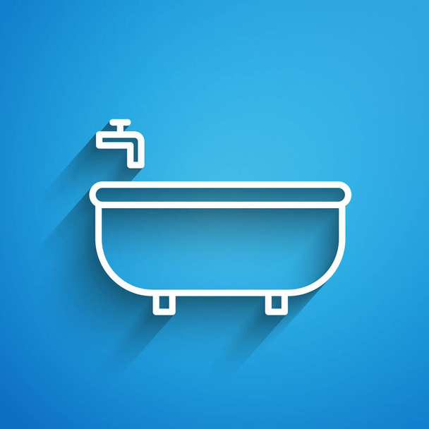 White line Bathtub icon isolated on blue background. Long shadow. Vector Illustration. - Vector, Image