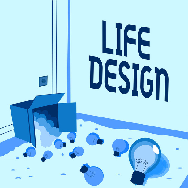 Inspiration showing sign Life Design, Conceptual photo balance how you live between work family and entertaining Light bulbs spilled out box symbolizing innovative thinking. - Photo, Image