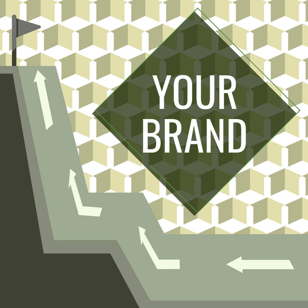 Inspiráció mutató jel Your Brand, Word for Bármilyen név, amely hatással van valamire, mint a védjegy Mountain Range rajz út vezet emelt zászló a tetején. - Fotó, kép