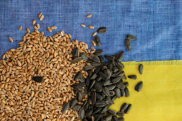 Grano grano e semi di girasole sono sullo sfondo bandiera ucraina. - Foto, immagini