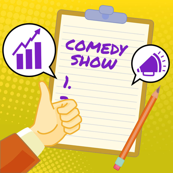 Conceptual caption Comedy Show, Internet Concept Funny program Humorous Amusing medium of Entertainment Hands Thumbs Up Showing New Ideas. Palms Carrying Note Presenting Plans - Photo, Image