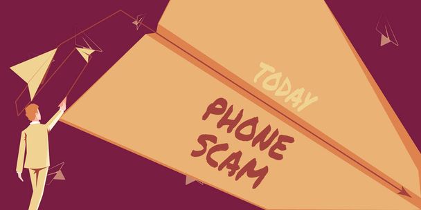 Conceptual caption Phone Scam, Word for getting unwanted calls to promote products or service Telesales Man flies paper plane representing innovative plans achieving goals. - Photo, Image