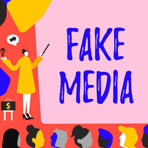 Inspiratie toont teken Fake Media, Internet Concept Een formatie gehouden door brodcasters die we niet kunnen vertrouwen op Lady Pointing Backdrop Presentatie van Nieuwste Succesvolle Financiële Strategieën. - Foto, afbeelding