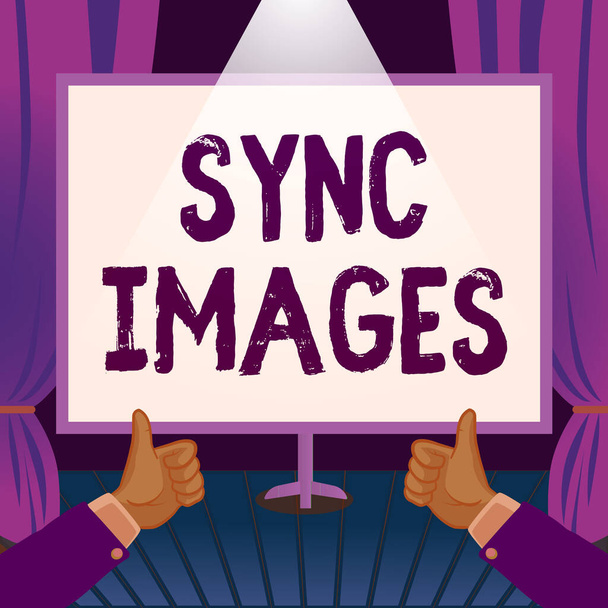Conceptual caption Sync Images, Concept meaning Making photos identical in all devices Accessible anywhere Hands Thumbs Up Wyświetlanie nowych pomysłów. Dłonie niosące notatki przedstawiające plany - Zdjęcie, obraz