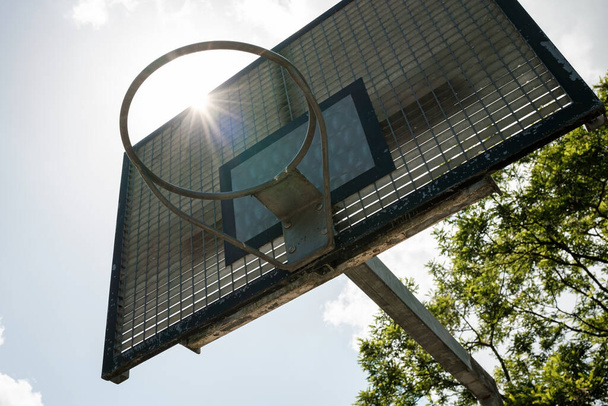 Basketbalový koš na slunci, obloze a stromu pozadí. Venkovní hřiště. Koncepce aktivního životního stylu. Spodní pohled. Detailní záběr. - Fotografie, Obrázek