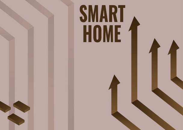 Käsitteellinen näyttö Smart Home, Concept merkitys automaatiojärjestelmä ohjaus valaistus ilmasto viihdejärjestelmät Nuolijärjestelmä osoittaa ylöspäin symboloi onnistuneen projektin loppuun. - Valokuva, kuva