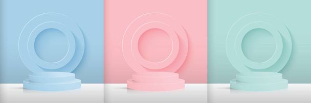 Set aus blauen, rosa und grünen Zylindersockeln auf gestapeltem Kreishintergrund. Moderne abstrakte Vektorillustration mit 3D-Formen für Produkte, die Präsentationen zeigen. Einfache pastellfarbene Wandkulisse. - Vektor, Bild
