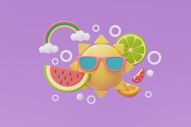 Summer time concept, sun with sunglasses and colorful summer beach elements on purple background, 3d rendering. - Fotó, kép