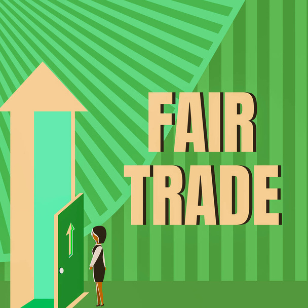 Τίτλος κειμένου που παρουσιάζει Fair Trade, Επιχειρηματική ιδέα Μικρή αύξηση από έναν κατασκευαστή τι πλήρωσαν σε έναν παραγωγό Lady Standing Front Of Door Ανοίγοντας νέες ευκαιρίες για την επιτυχία. - Φωτογραφία, εικόνα