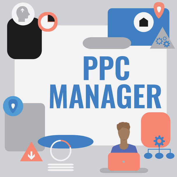 Kézírás szöveg Ppc Manager, Üzleti koncepció, amely hirdetők fizetni díjat minden alkalommal, amikor az egyik hirdetés kattintva Man Ül az asztalon Munka és bemutatása új technológiák. - Fotó, kép