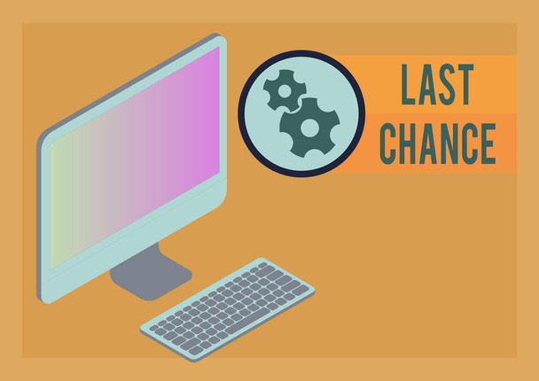 Натхнення, що показує знак Last Chance, бізнес-концепція остання можливість досягти або придбати щось або дію Монітор з клавіатурою, що символізує онлайн-зв'язок між колегами
. - Фото, зображення