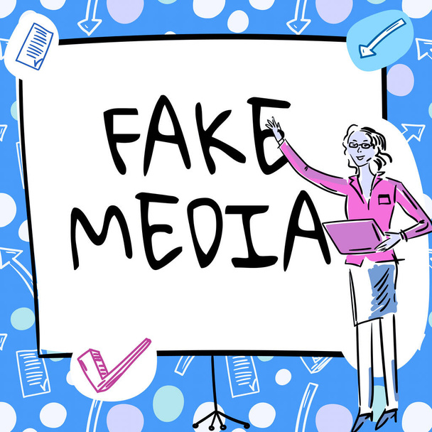 Text sign showing Fake Media, Business showcase An formation held by brodcasters which we cannot rely on Businesswoman Casual Standing Presenting Charts And New Wonderful Ideas. - Photo, Image