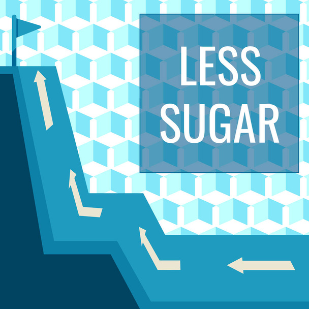 Inspiráló szöveg Kevesebb cukor, Word Írt kisebb mennyiségű édességet minden étel vagy ital, hogy eszünk Mountain Range rajz út vezet emelt zászló a tetején. - Fotó, kép