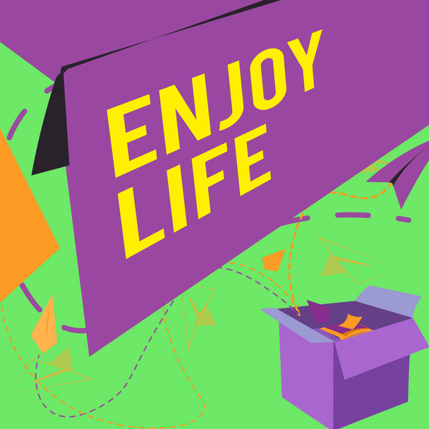 Testo calligrafico Enjoy Life, Business overview Qualsiasi cosa, luogo, cibo o persona, che ti fa rilassare e felice Open Box con aerei di carta volante Presentazione di nuove idee gratuite - Foto, immagini