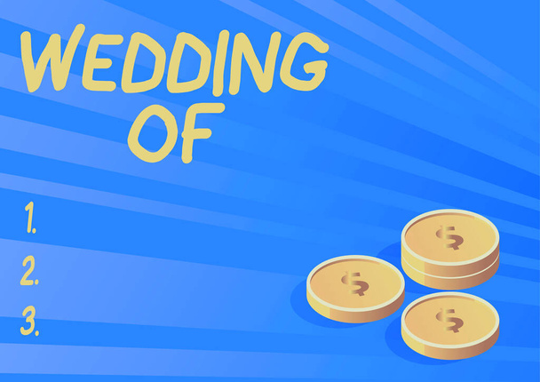 Sign displaying Wedding Of, Concept meaning announcing that man and now as married couple forever Coins symbolizing future financial plans successfully calculating mortgage. - Photo, Image