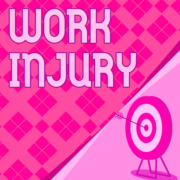 Schild mit Arbeitsverletzung, Wort über Arbeitsunfall geschrieben Unsichere Bedingungen verletzen Trauma-Ziel mit Bullseye, das erfolgreich abgeschlossenes Projekt darstellt. - Foto, Bild