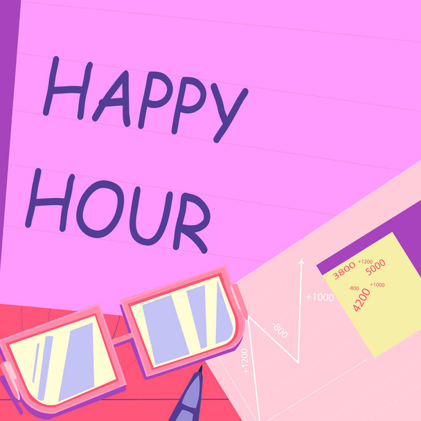 Fogalmi felirat Happy Hour, Conceptual photo Töltsön időt tevékenységek, amelyek pihenni egy darabig Papír ül az asztalon álló grafikonok számítása pénzügyi tervek. - Fotó, kép