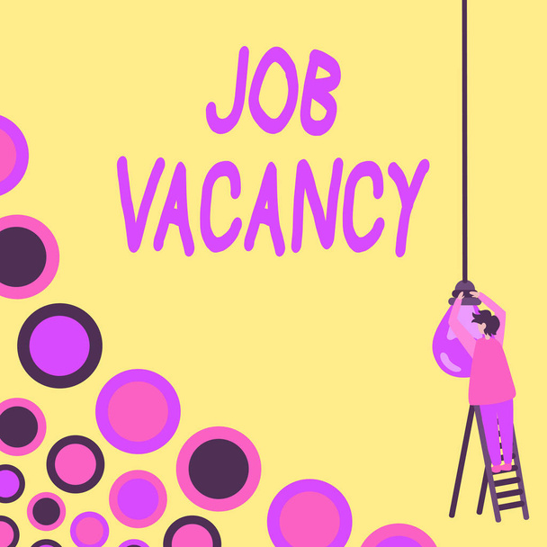 Sign displaying Job Vacancy, Business showcase empty or available paid place in small or big company Businessman Standing Ladder Fixing Light Bulb Generating New Futuristic Ideas. - Photo, Image