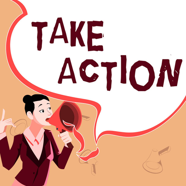 Handschriftliches Schild Take Action, konzeptionelles Foto rät jemandem, jetzt etwas zu tun oder zu reagieren. Führungspersönlichkeiten mit Megafon, die ermutigende Ideen ausdrücken.. - Foto, Bild