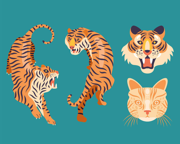 cuatro felinos salvajes animales iconos - Vector, Imagen