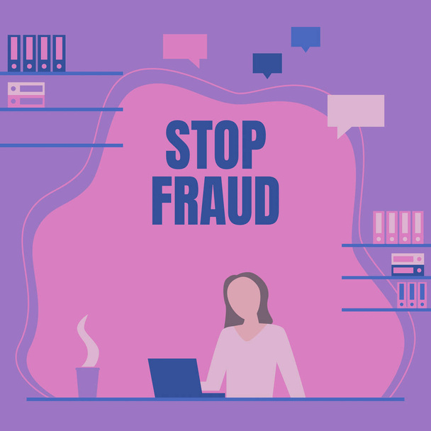 Inspiráció mutató jel Stop csalás, Internet Concept kampány tanácsok mutatja, hogy vigyázzon a thier pénz tranzakciók nő ül az asztalon dolgozik, és bemutatja az új technológiák. - Fotó, kép