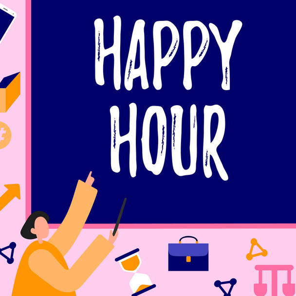 Text sign showing Happy Hour, Internet Concept Spending time for activities that makes you relax for a while Businessman Pointing Fingerpresentation Board Representing Planning Projects. - Photo, Image
