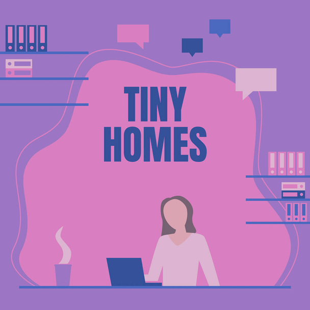 Wyświetlacz koncepcyjny Tiny Homes, Słowo na domy zawierają tylko jeden pokój lub dwa i małe wejście tanie kobieta siedzi na biurku pracy i prezentowania nowych technologii. - Zdjęcie, obraz
