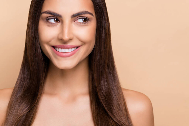 Cropped photo of happy lady look empty space advertise silky pure procedure offer isolated pastel color background. - Φωτογραφία, εικόνα