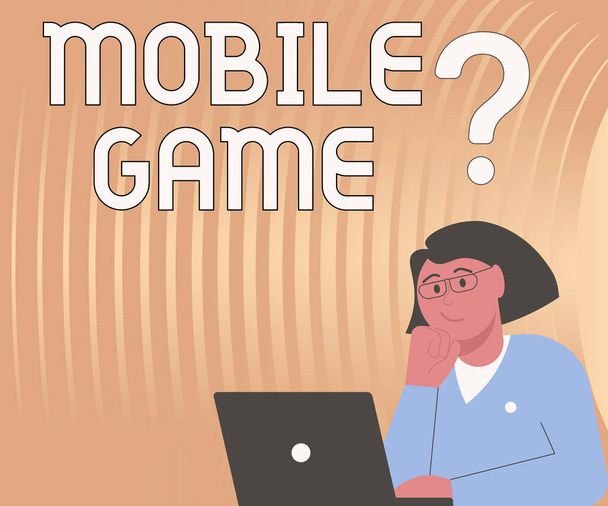 Leyenda de texto que presenta Mobile Game, escaparate de negocios son programas entretenidos hechos para trabajar en dispositivos inteligentes Lady Drawing Brainstorming Nuevas soluciones rodeadas de signos de interrogación - Foto, imagen