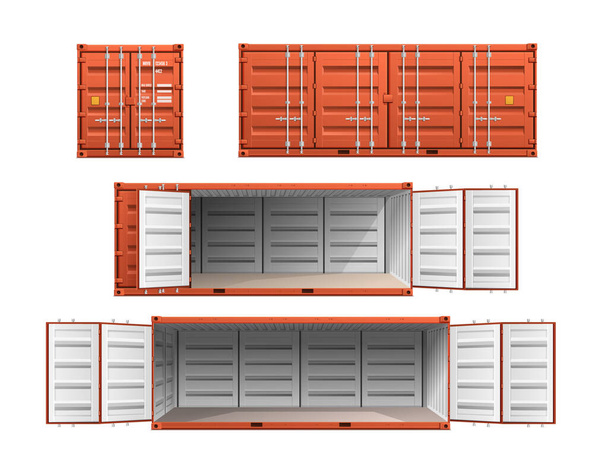 Offener und geschlossener leerer Frachtcontainer realistisches Set isoliert vor weißem Hintergrund Vektor-Illustration - Vektor, Bild