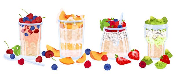 Éjszakai zabpehely müzli puding receptek lapos összetételű négy pohár zabkása bogyós gyümölcs tetején vektor illusztráció - Vektor, kép