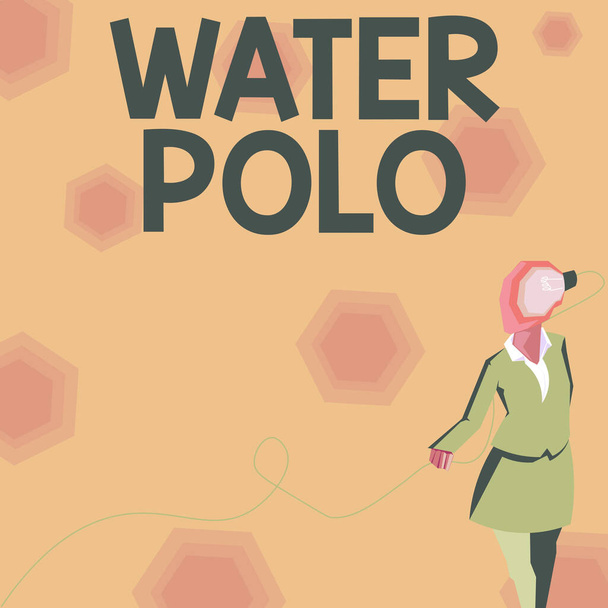 Teksti osoittaa inspiraatiota Vesi Polo, Liikeidea kilpailukykyinen joukkue urheilu pelataan vedessä kahden joukkueen välillä Lady yllään puku pää täynnä ideoita edustaa lamppu. - Valokuva, kuva