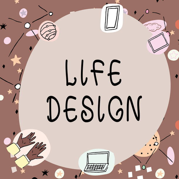 Ručně psané znamení Life Design, Business idea rovnováha, jak žijete mezi pracovní rodinou a zábavné Prázdný rám zdobený moderními vědeckými symboly zobrazující technologii. - Fotografie, Obrázek