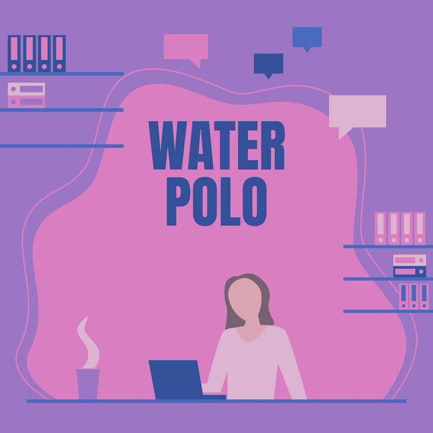 Teksten weergeven Water Polo, Concept betekent competitieve teamsport gespeeld in het water tussen twee teams Vrouw Zittend op het bureau Werken en presenteren van nieuwe technologieën. - Foto, afbeelding