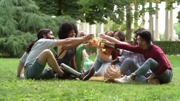 skupina multiraciálních mladých přátel v parku popíjejících limonádu při západu slunce, slavnostní piknik - Záběry, video