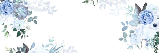 Dusty blue rose, white hydrangea, ranunculus, magnolia, eucalyptus, greenery, juniper, echeveria vector design banner. Wedding seasonal flowers. Floral watercolor composition. Isolated and editable - Vektör, Görsel
