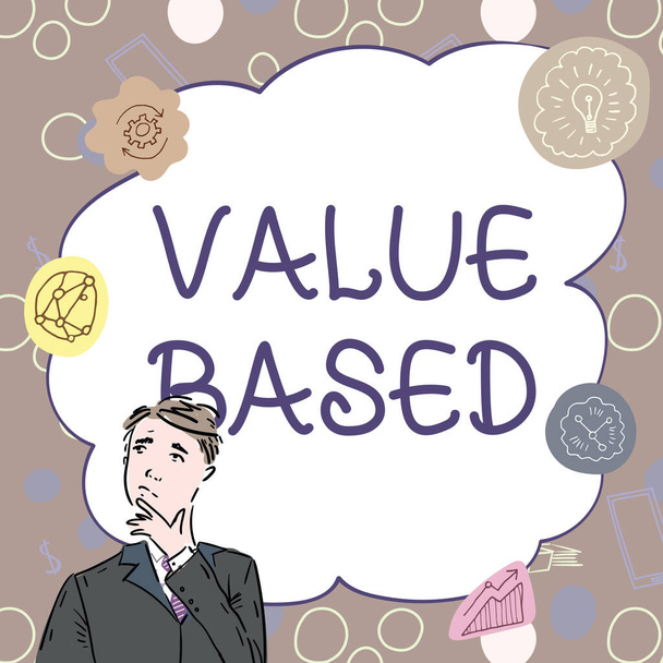 Konceptuální titulek Value Based, Business showcase Vezmeme-li v úvahu produkt stojí za to uspokojit zákazníka Podnikatel Inovativní myšlení Leading Ideas Towards Stable Future. - Fotografie, Obrázek