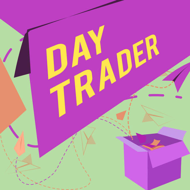 Kézírás jel Day Trader, Word Written on A személy, aki vásárolni és eladni pénzügyi eszköz egy napon belül Nyitott doboz Repülő papír Planes bemutató új ingyenes ötletek - Fotó, kép