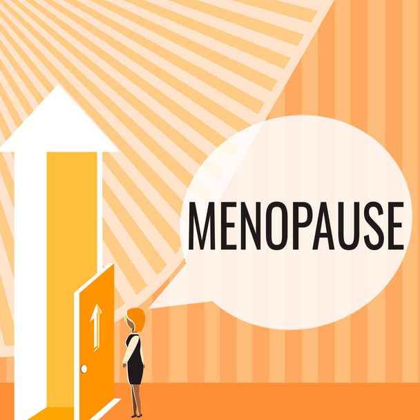 Conceptual display Menopause, Business idea Period of permanent cessation or end of menstruation cycle Lady Standing Front Of Door Opening New Opportunities For Success. - Photo, Image